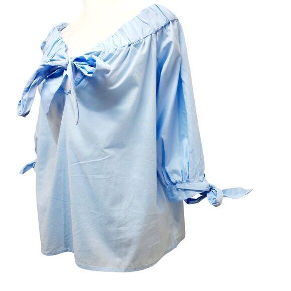 Light Blue Womens Off-Shoulder Blouse With Bow Tie Details & 3/4 Sleeves Size M - Picture 4 of 15